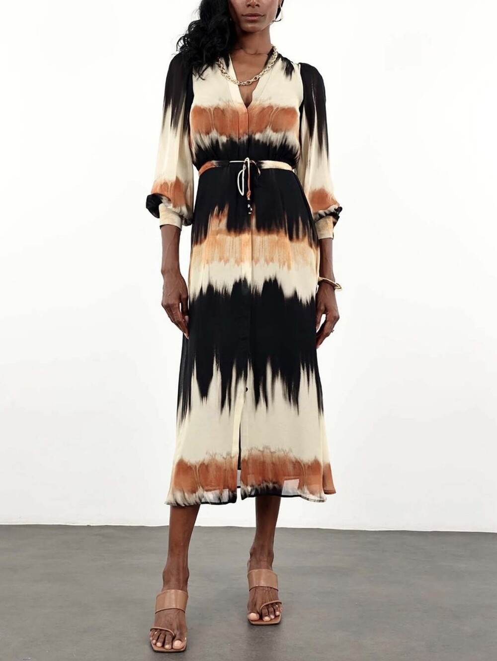Zara Tie-Dye Midi Shirt Dress in Black, Cream & Brown